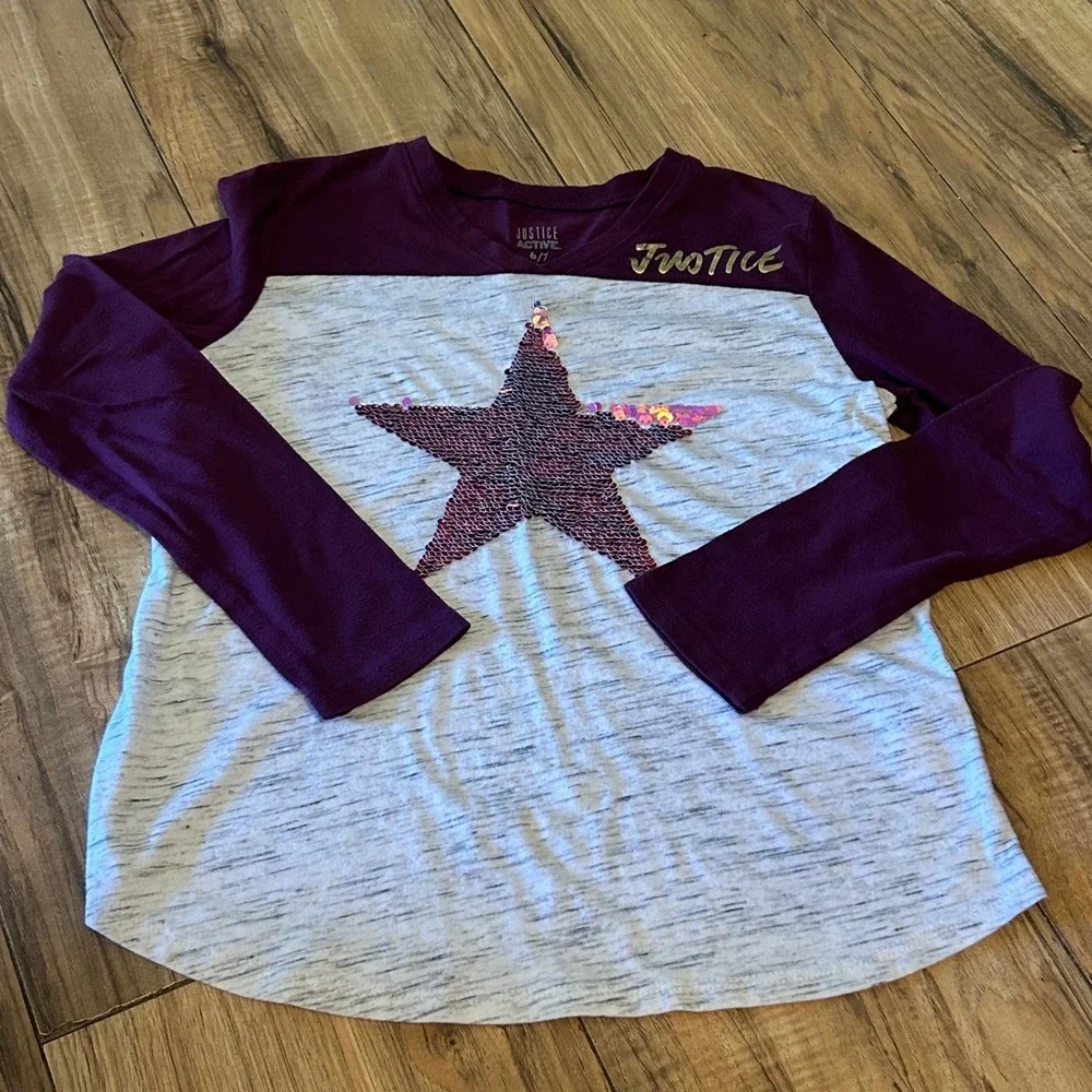 Justice Active Girls‎ Long Sleeve Sequin Star Top, Burgundy Heather, Size 6/7